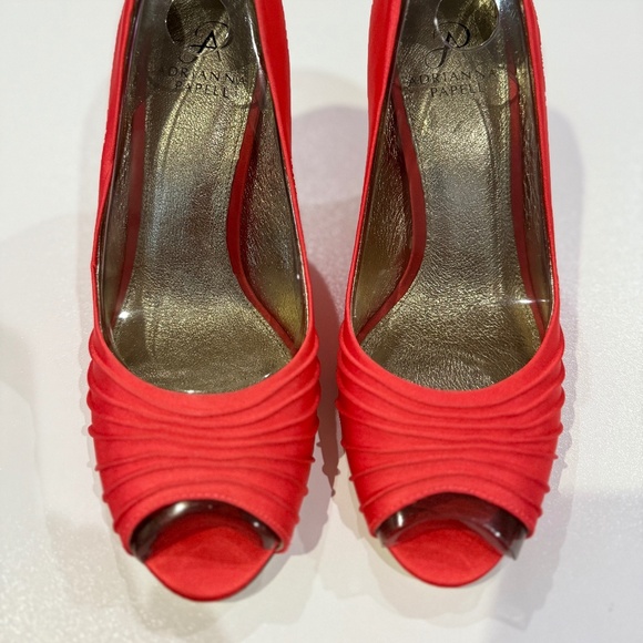 Adrianna Papell Red Satin Peep Toe Heels | Elegant Pleated Dress Shoes | Wedding - Picture 1 of 4